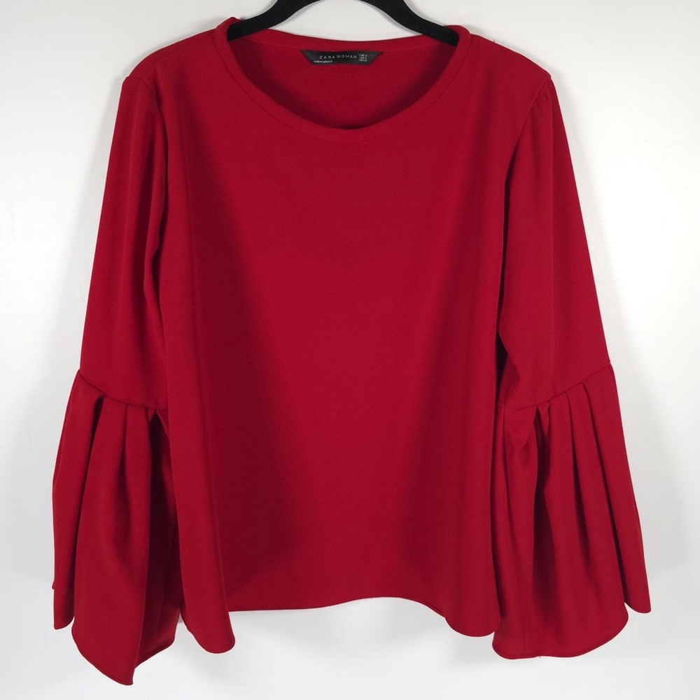 ZARA WOMAN Pleated Flare‎ Ruffle Bell Sleeves Red Blouse Top Size SMALL - Picture 4 of 14